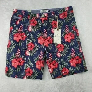 Hudson And Barrow Shorts Men Size 38 Hawaiian tropical floral  Leaves Red Blue